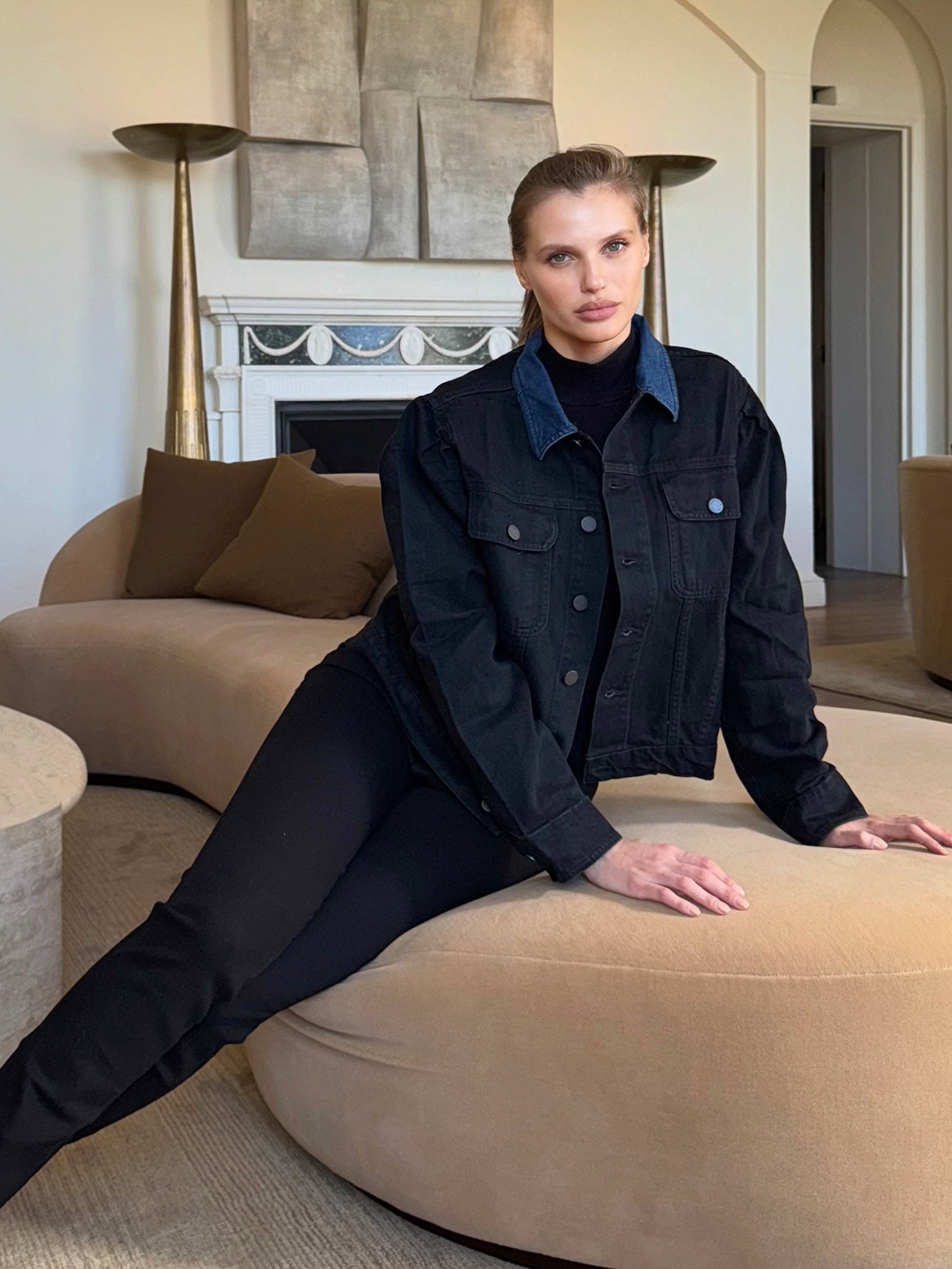 Puffer Jacket w/Denim Collar in Black Indigo