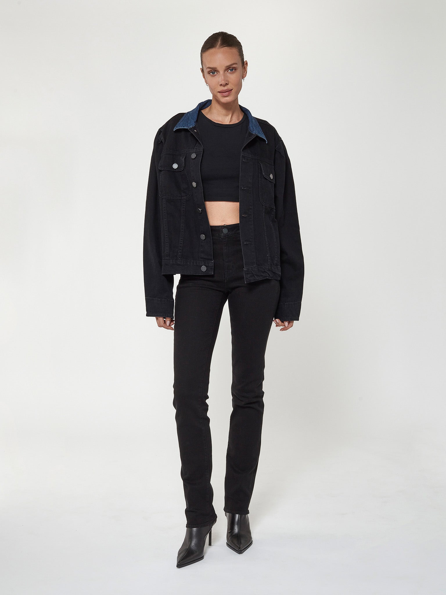 Puffer Jacket w/Denim Collar in Black Indigo