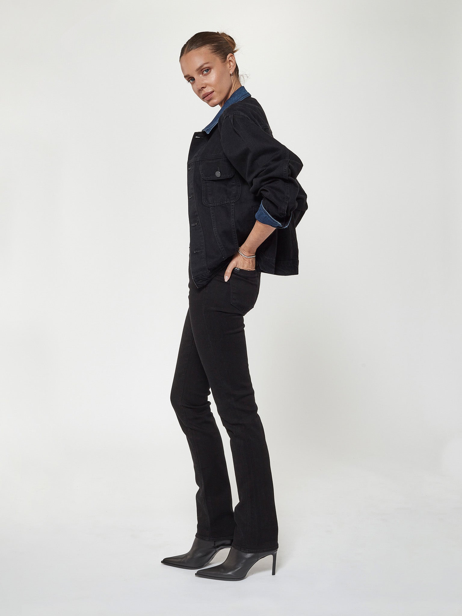 Puffer Jacket w/Denim Collar in Black Indigo