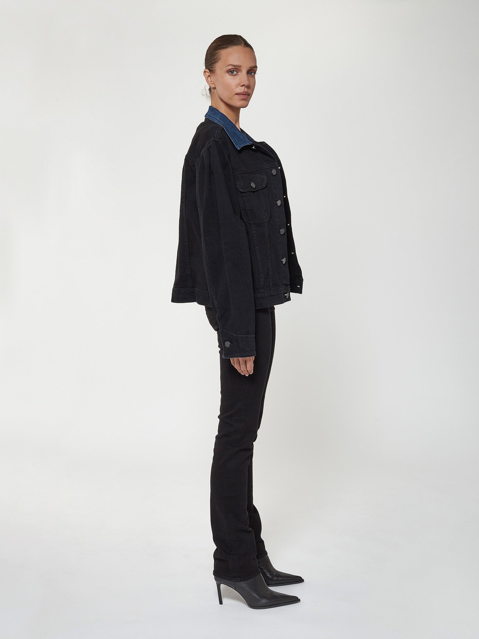 Puffer Jacket w/Denim Collar in Black Indigo