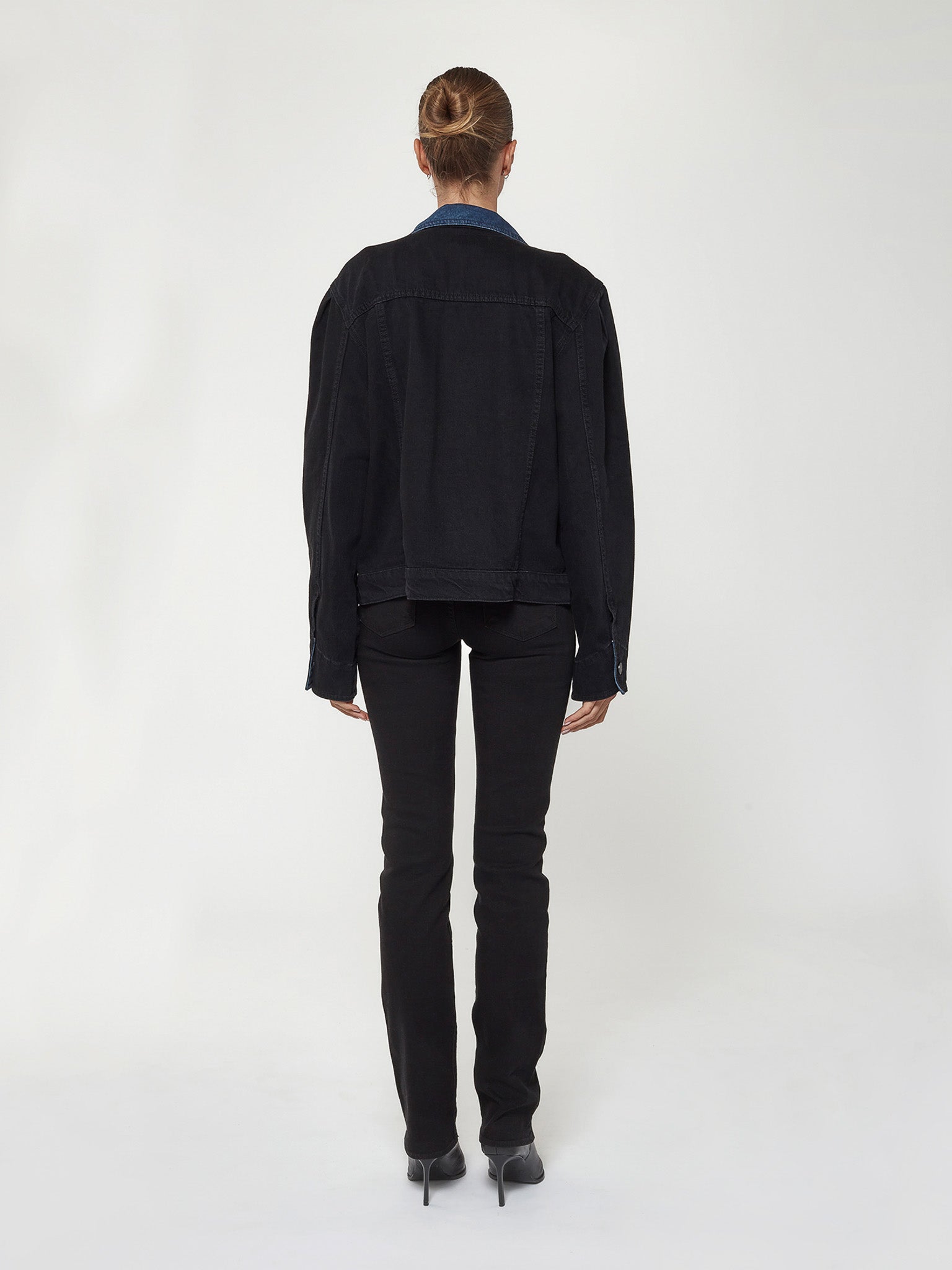 Puffer Jacket w/Denim Collar in Black Indigo