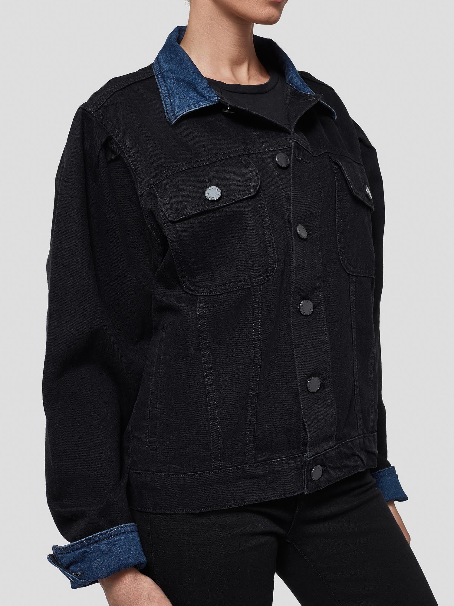 Puffer Jacket w/Denim Collar in Black Indigo