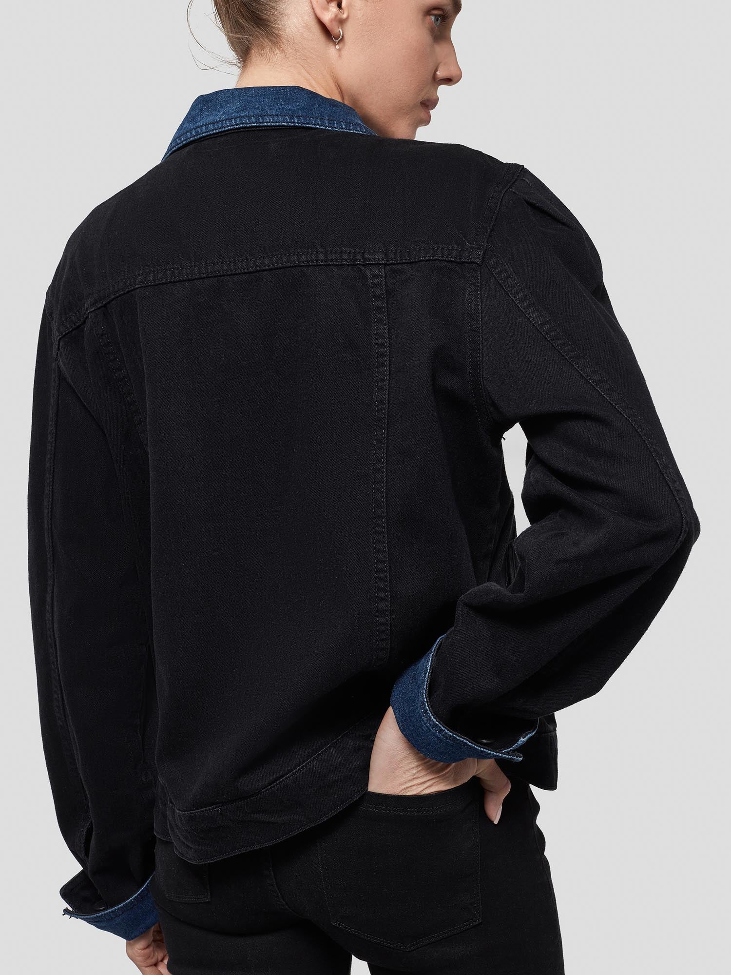 Puffer Jacket w/Denim Collar in Black Indigo